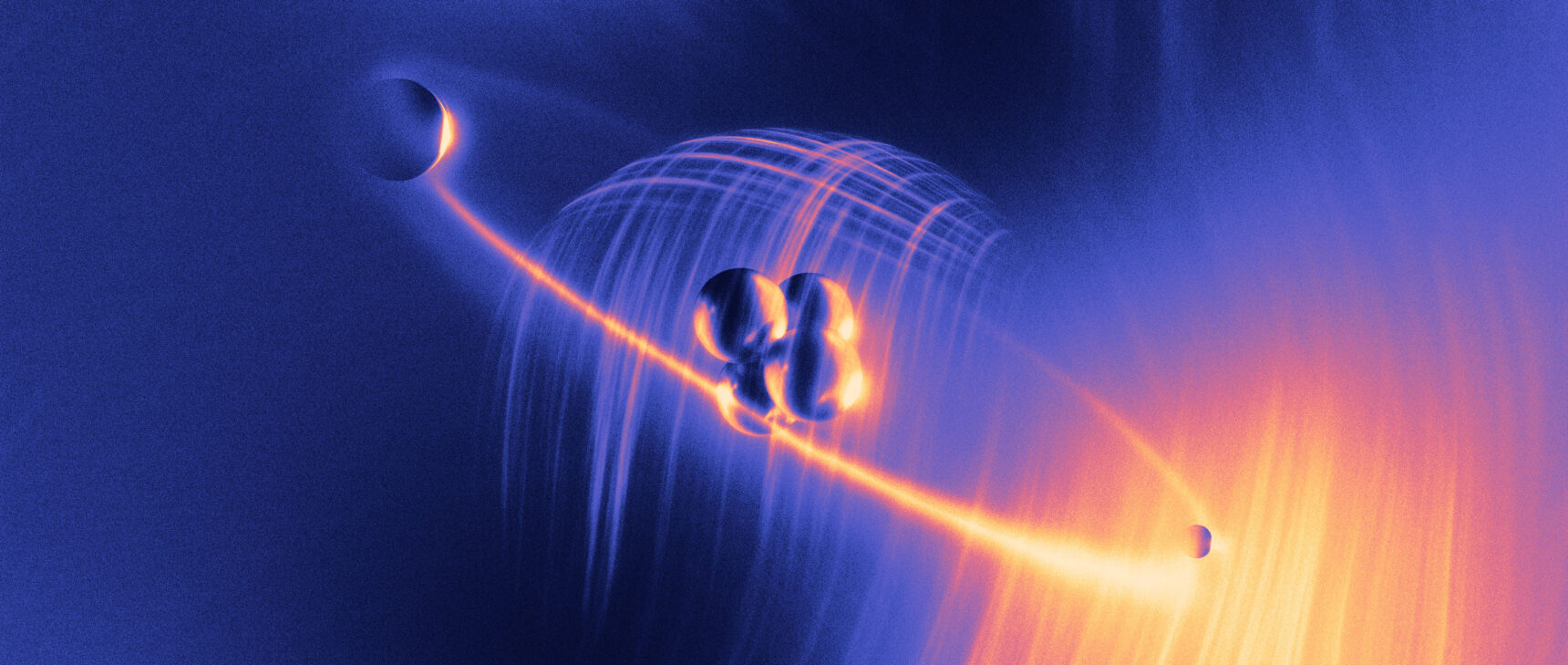 Four spheres representing a nucleus surrounded by two additional spheres.