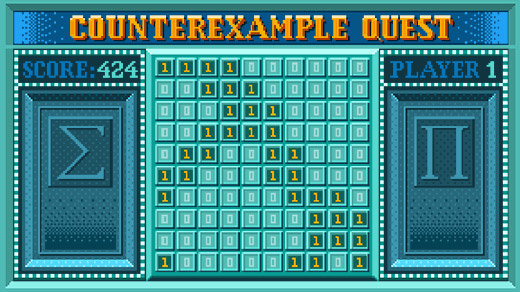 A fictitious 8-bit video game called “counterexample quest.”