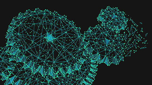 Illustration of gears made up of a network of connections against a black background