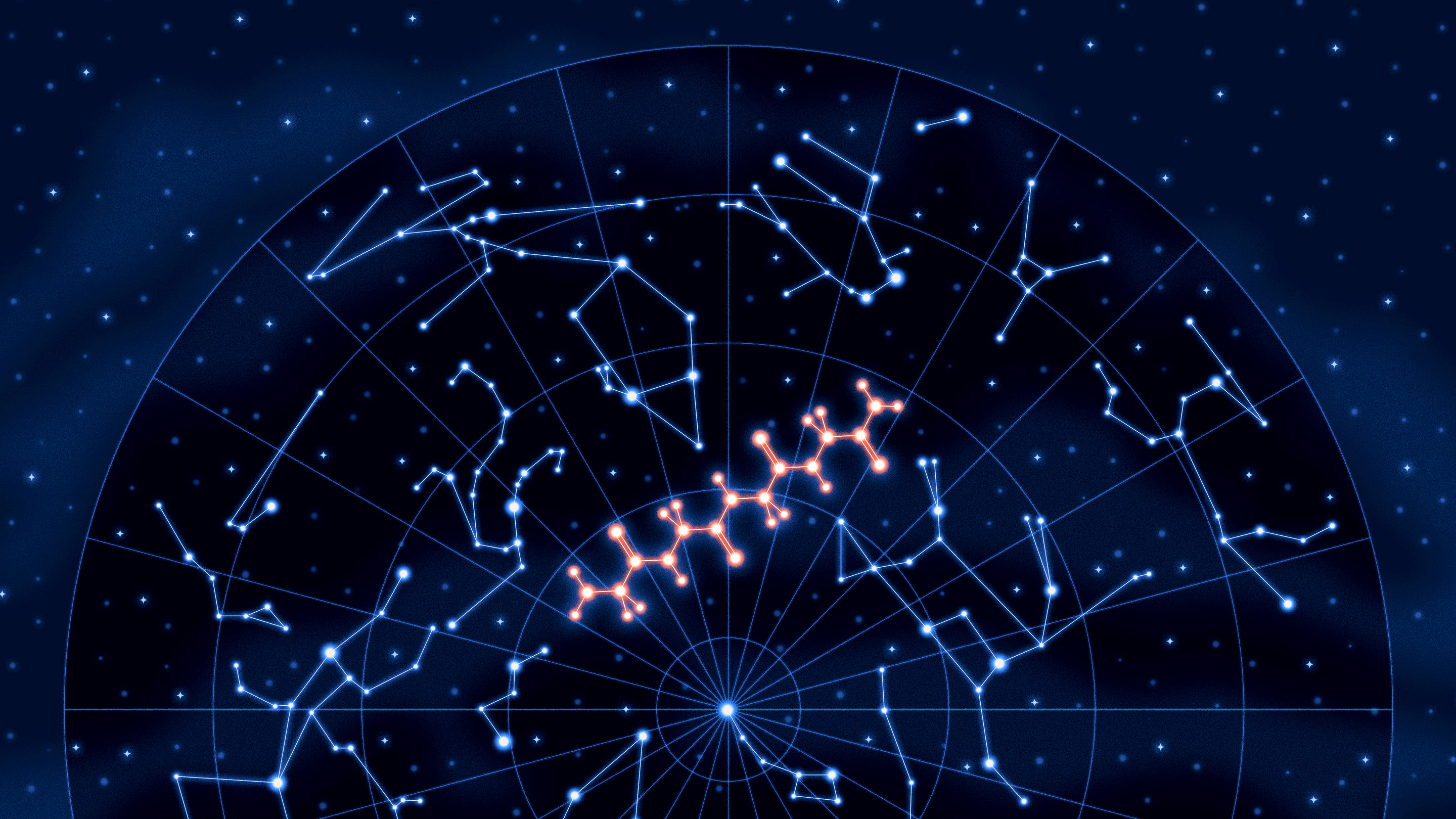 An illustration of a polyglycine molecule among the constellations.