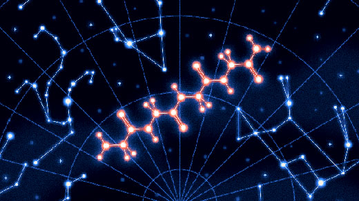 An illustration of a polyglycine molecule among the constellations.