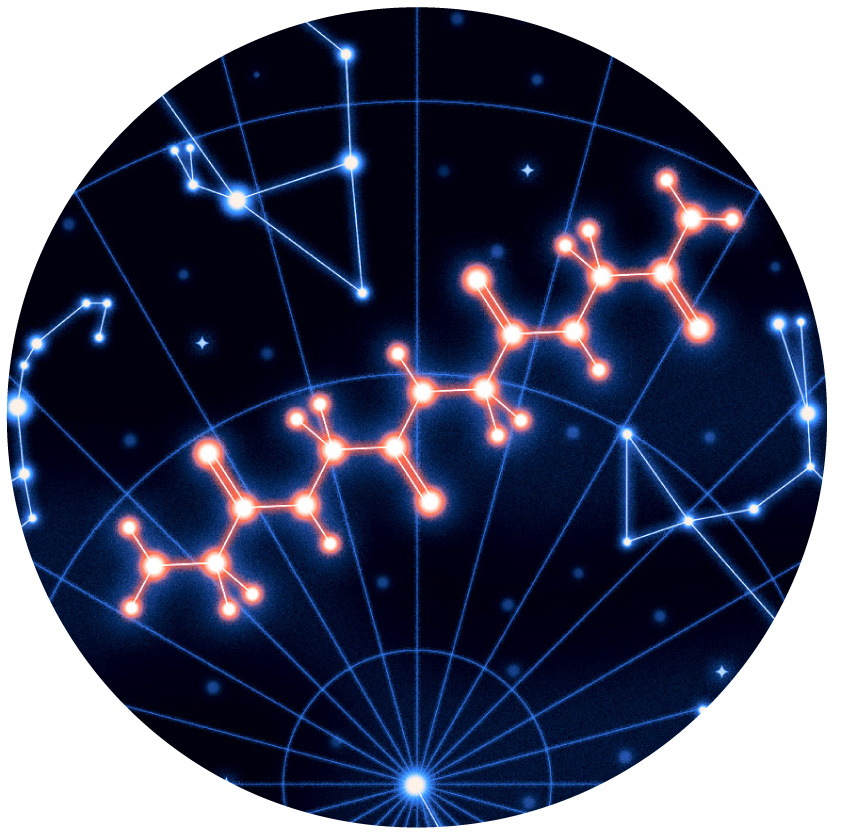 An illustration of a polyglycine molecule among the constellations.