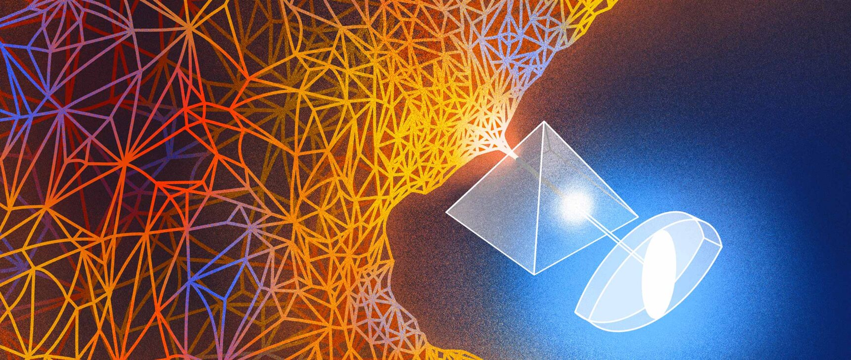 An illustration showing an orange and blue network of lines focus into a clear pyramid, emerging as a white light traveling into a clear eye.