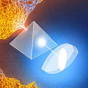 An illustration showing an orange and blue network of lines focus into a clear pyramid, emerging as a white light traveling into a clear eye.