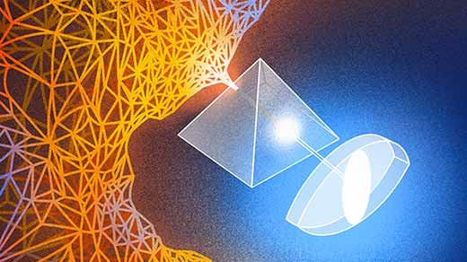 An illustration showing an orange and blue network of lines focus into a clear pyramid, emerging as a white light traveling into a clear eye.