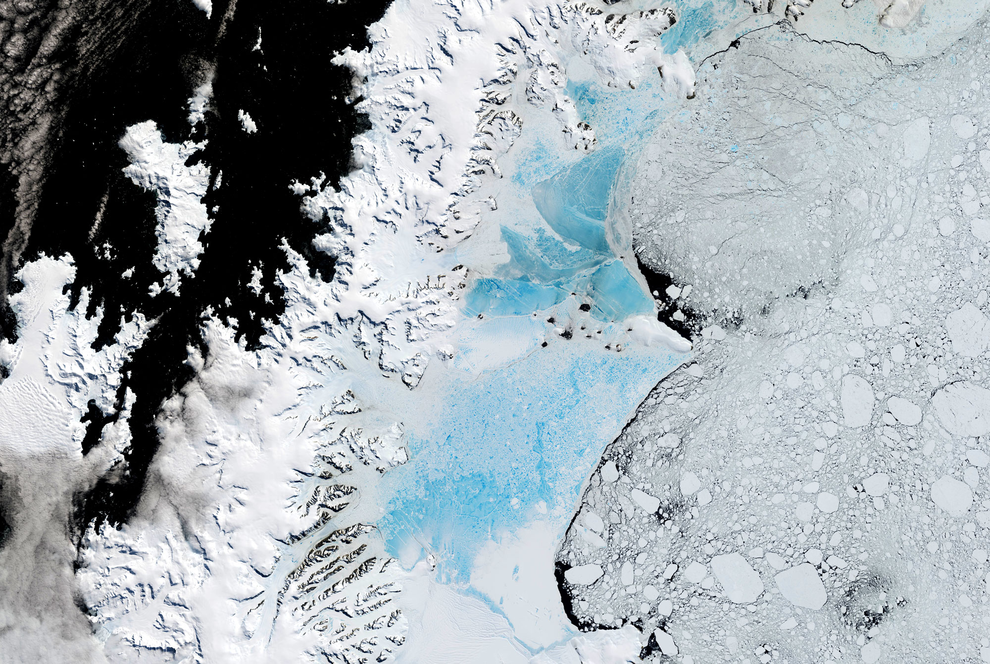 A satellite image of the Larsen Ice Shelf in Antarctica.