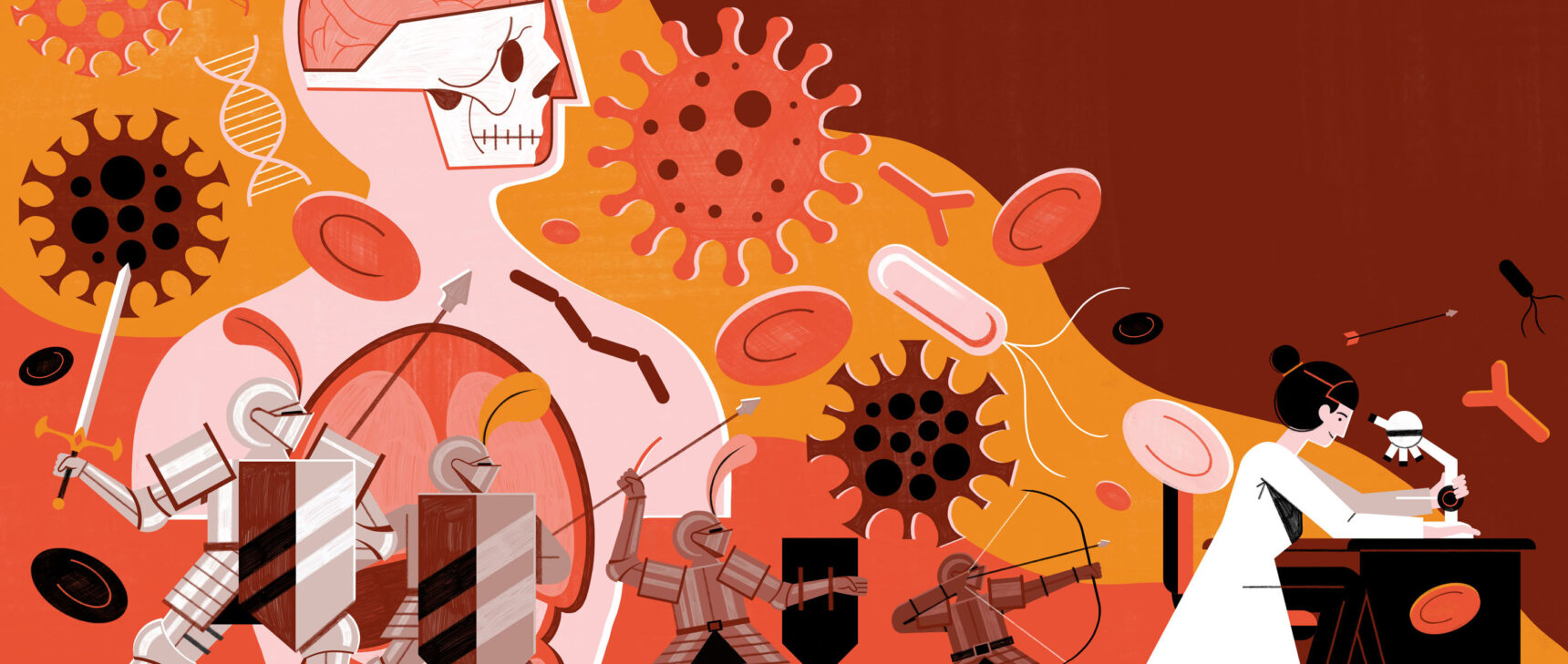 Artist’s illustration representing the immune system standing guard against a world of pathogens.