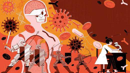 Artist’s illustration representing the immune system standing guard against a world of pathogens.