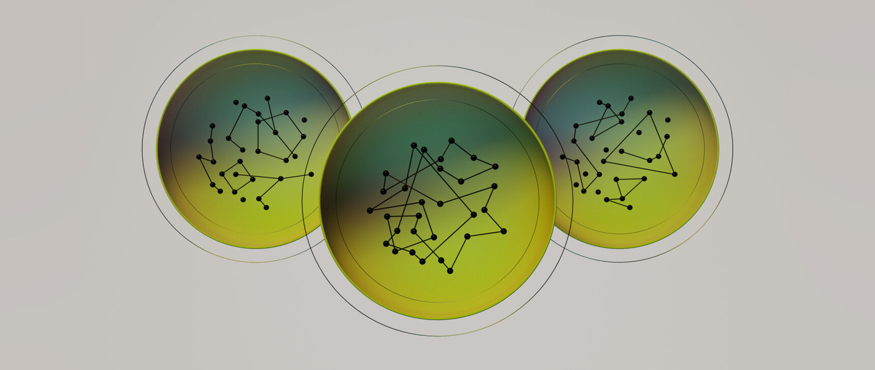 Three circles that have dots connected by lines, as in a graph.