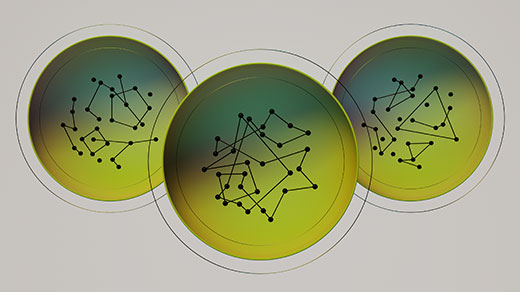 Three circles that have dots connected by lines, as in a graph.