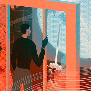 Illustration of a figure standing between broken orange walls and a blue unbreakable wall with a broken sledgehammer beside it