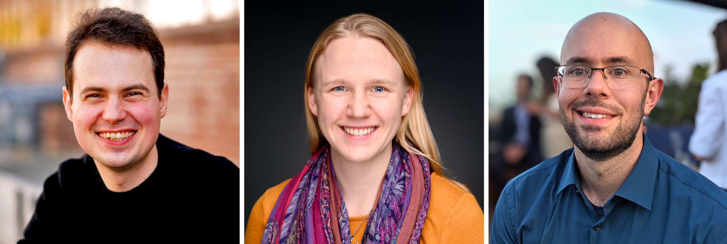 Outdoor photo of Chris Olah seated in a black sweater, outdoor photo of Nelson Elhage in a blue shirt, photo of Caterhine Olsson in an orange sweater with a black background]