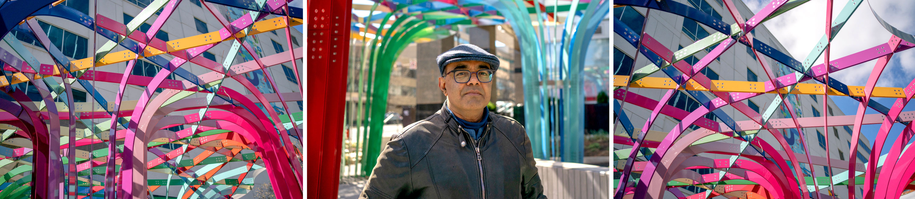 A triptych of photos of a colorful metal sculpture. Balasubramanian stands in a leather jacket in the central photo.