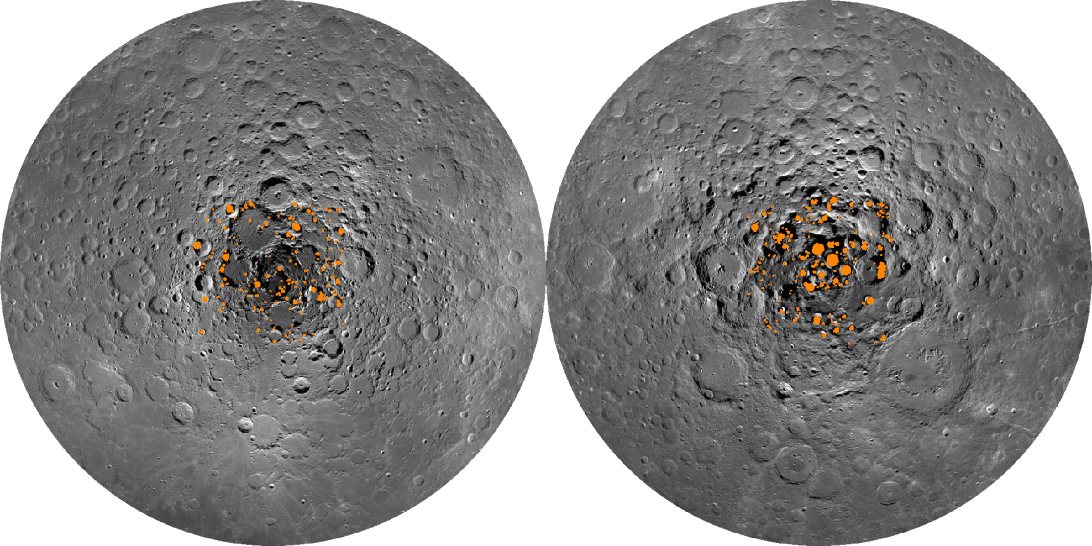 Images of the moon’s north and south hemispheres overlaid with orange patches indicating the presence of permanently shadowed regions.