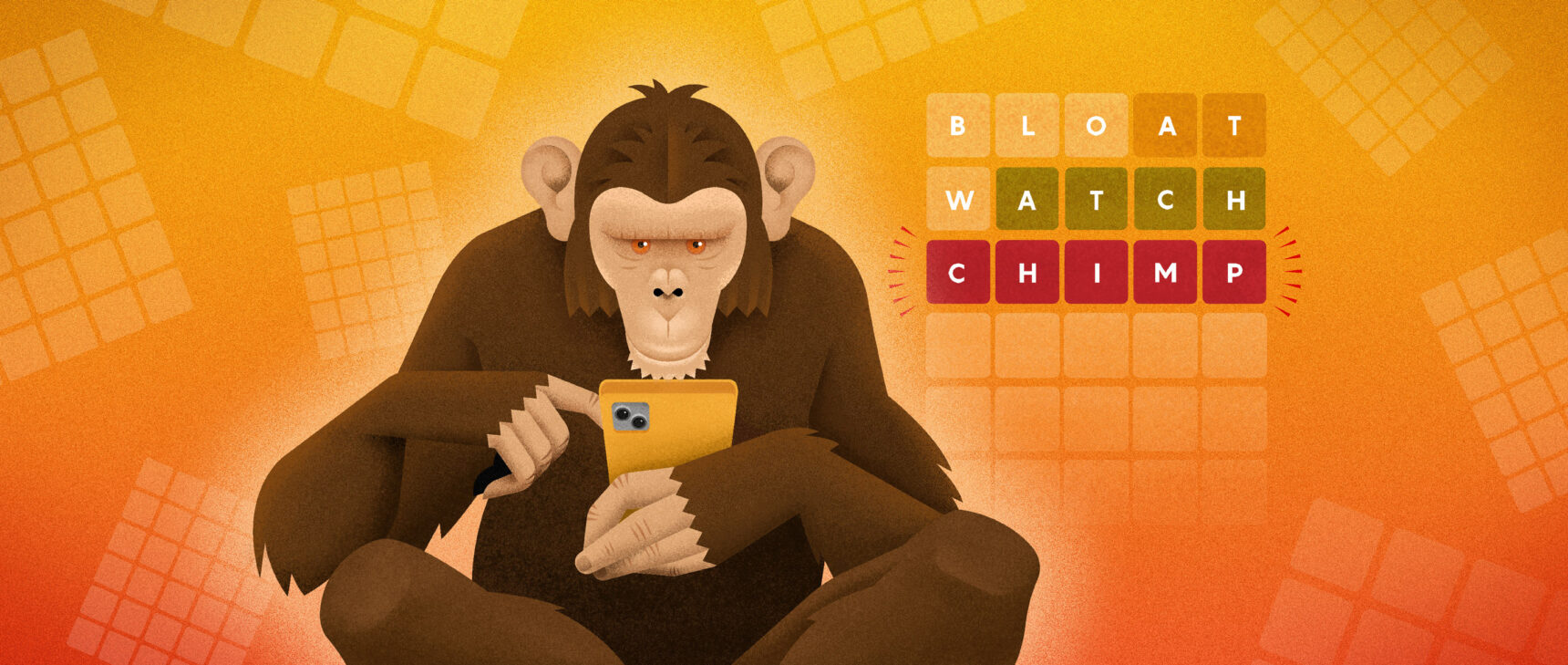 A brown chimpanzee is playing on a yellow smartphone. Three Wordle blocks are above his head, reading 'Bloat," "Watch," and "Chimp"