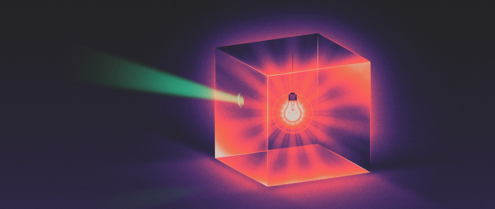 Illustration of a glass box illuminated inside by a red lightbulb. A ray of green light shoots out of the box.