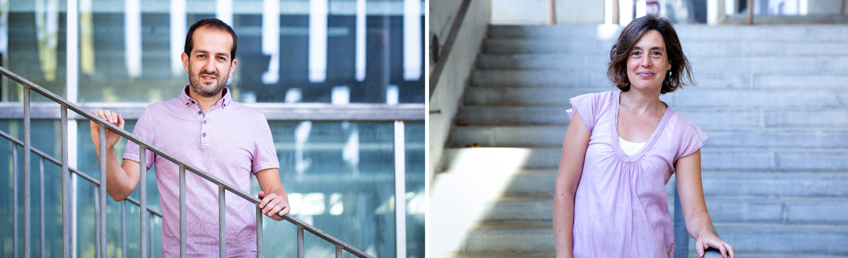 A diptych of photos: Roger Guimerà poses on the left in glasses and a lavender shirt; on the right, Marta Sales-Pardo also wears a lavender blouse