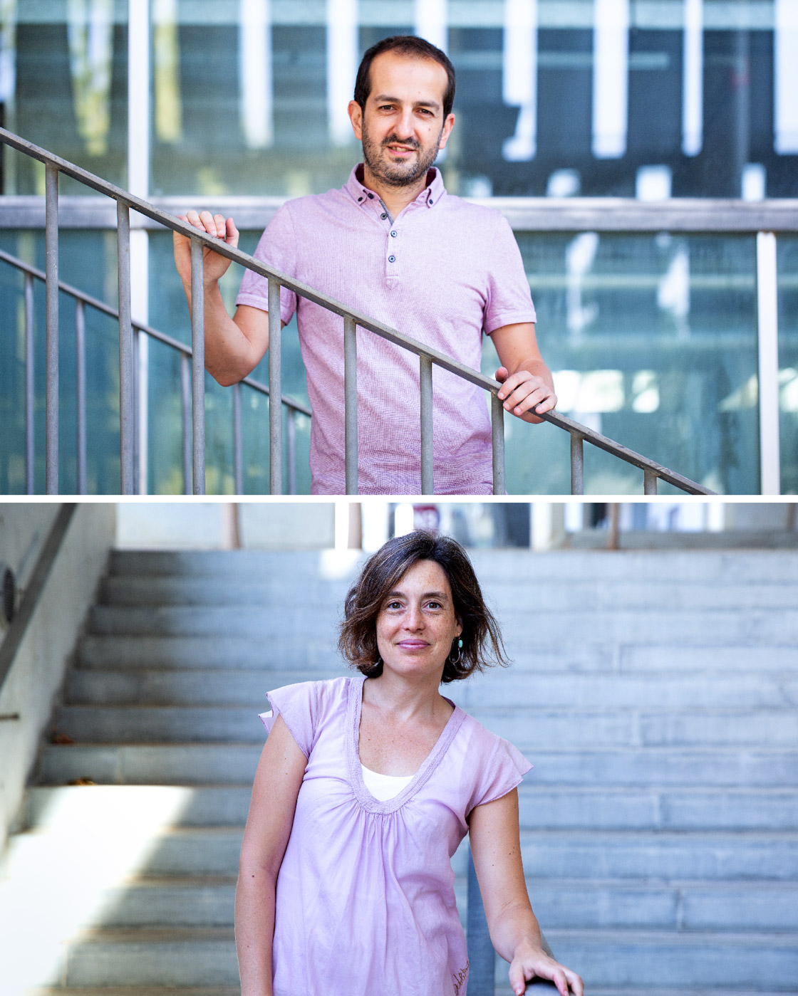 A diptych of photos: Roger Guimerà poses on the left in glasses and a lavender shirt; on the right, Marta Sales-Pardo also wears a lavender blouse