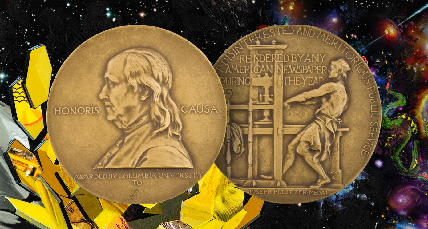 image of the front and back of the golden Pulitzer medal in front of an illustration of galaxies and the James Webb Space Telescope