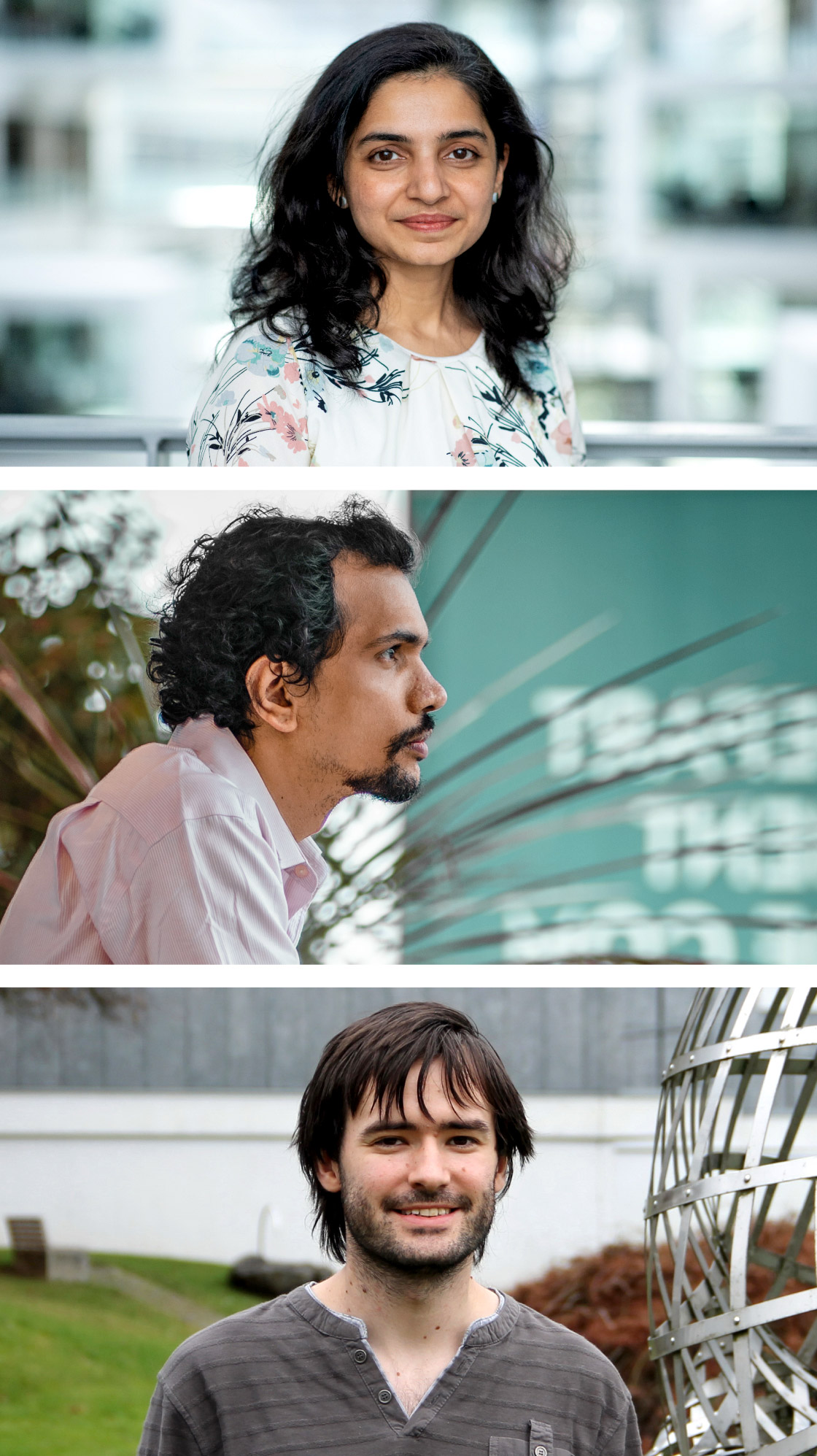 Photos of Srikanth Srinivasan in a beige shirt with a gray background, Nutan Limaye in a floral blouse, and Sébastien Tavenas in a dark shirt outdoors with a metal sculpture behind him