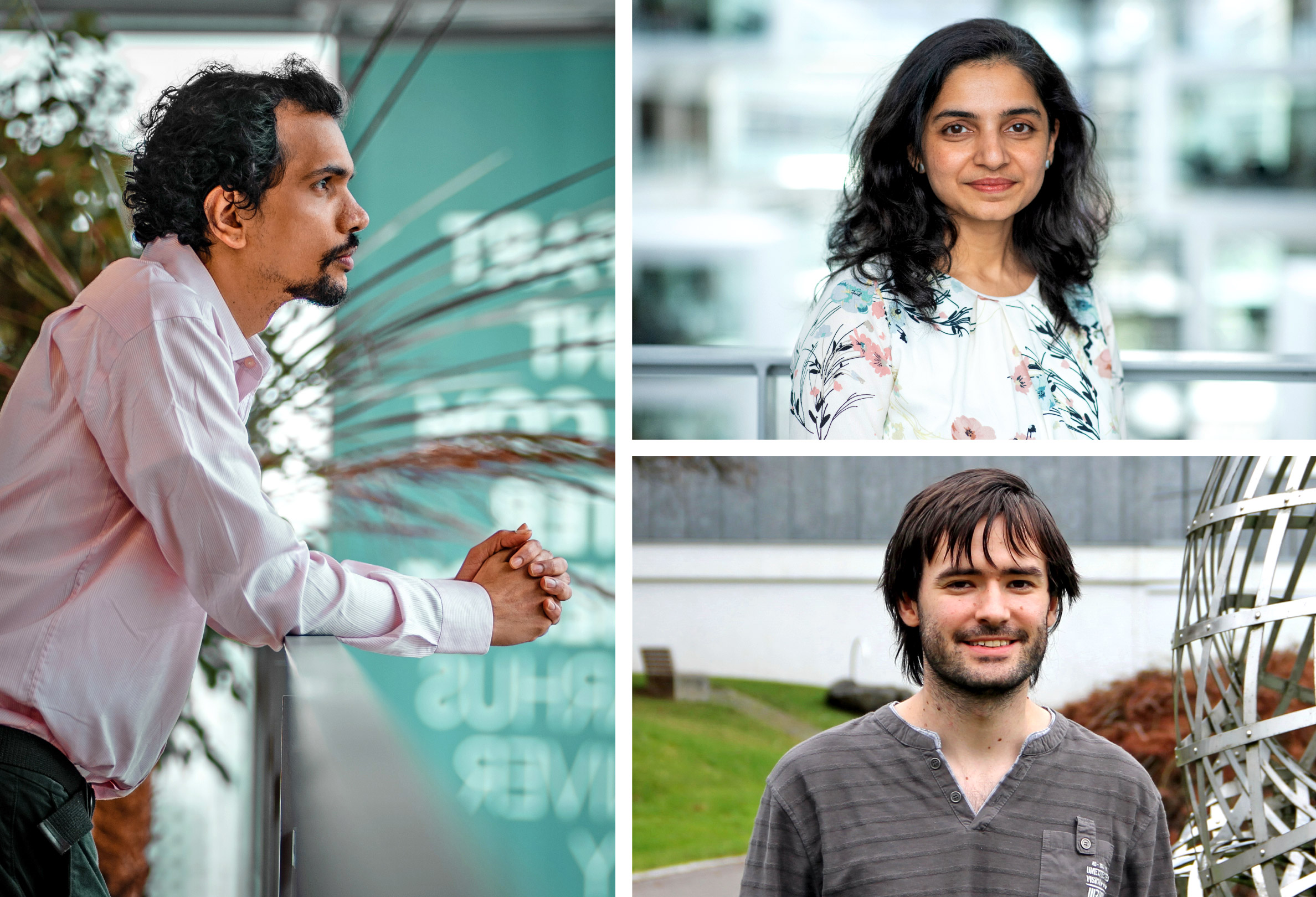 Photos of Srikanth Srinivasan in a beige shirt with a gray background, Nutan Limaye in a floral blouse, and Sébastien Tavenas in a dark shirt outdoors with a metal sculpture behind him