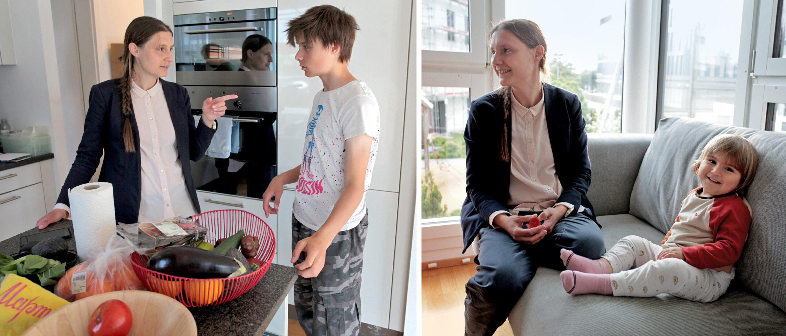 Maryna Viazovska inside her Lausanne apartment with her 13-year-old son, Michael, and her 2-year-old daughter, Sophie.