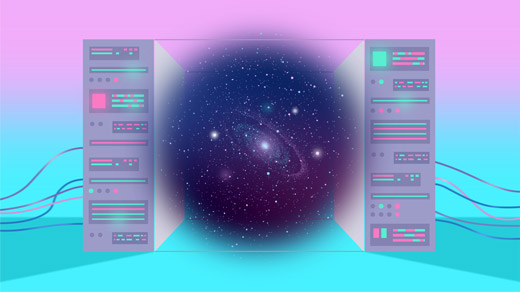 An illustration of a spherical universe sitting inside a machine hooked up to wires.