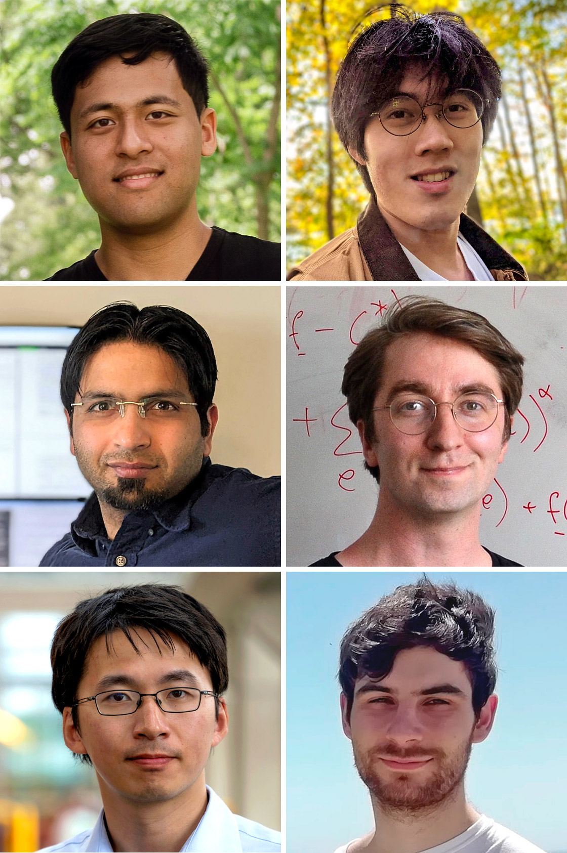 Yang Liu outdoors in a black T-shirt, Li Chen outdoors in a brown jacket, Rasmus Kyng in a black T-shirt by a white board, Maximilian Probst Gutenberg outdoors in a white T-shirt. Richard Peng in a blue shirt, Sushant Sachdeva in a dark blue shirt by a computer.