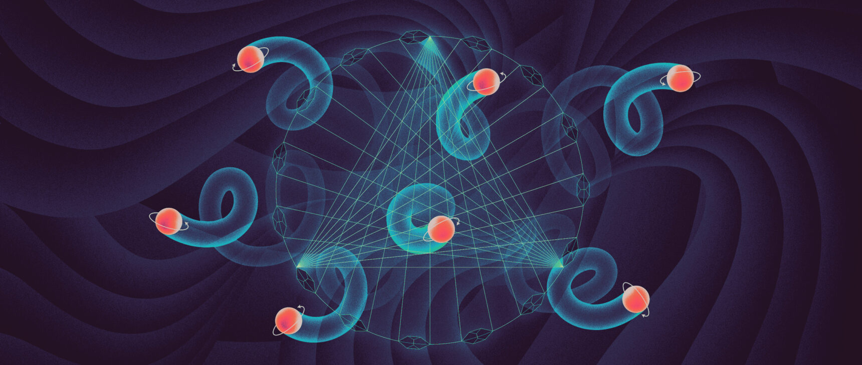 An illustration that includes a triangular network overlaid by images of spinning particles.