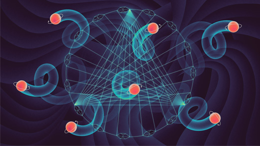 An illustration that includes a triangular network overlaid by images of spinning particles.