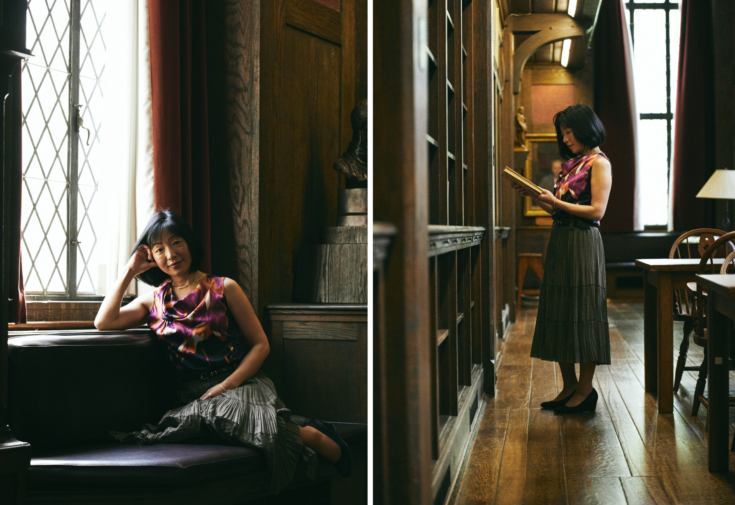 two separate photos, of Iwasaki seated and Iwasaki standing, reading a book in a library.