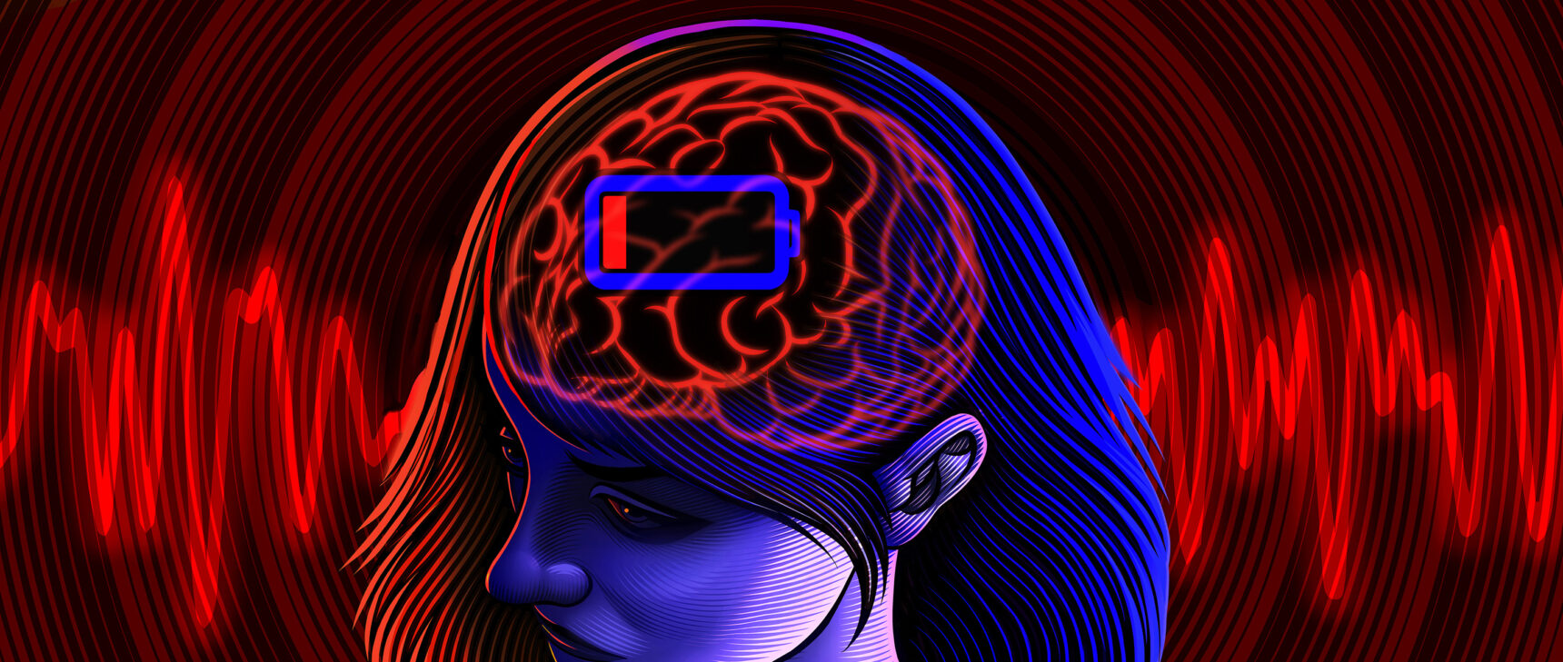 A human figure’s brain with a “low battery” icon on it.