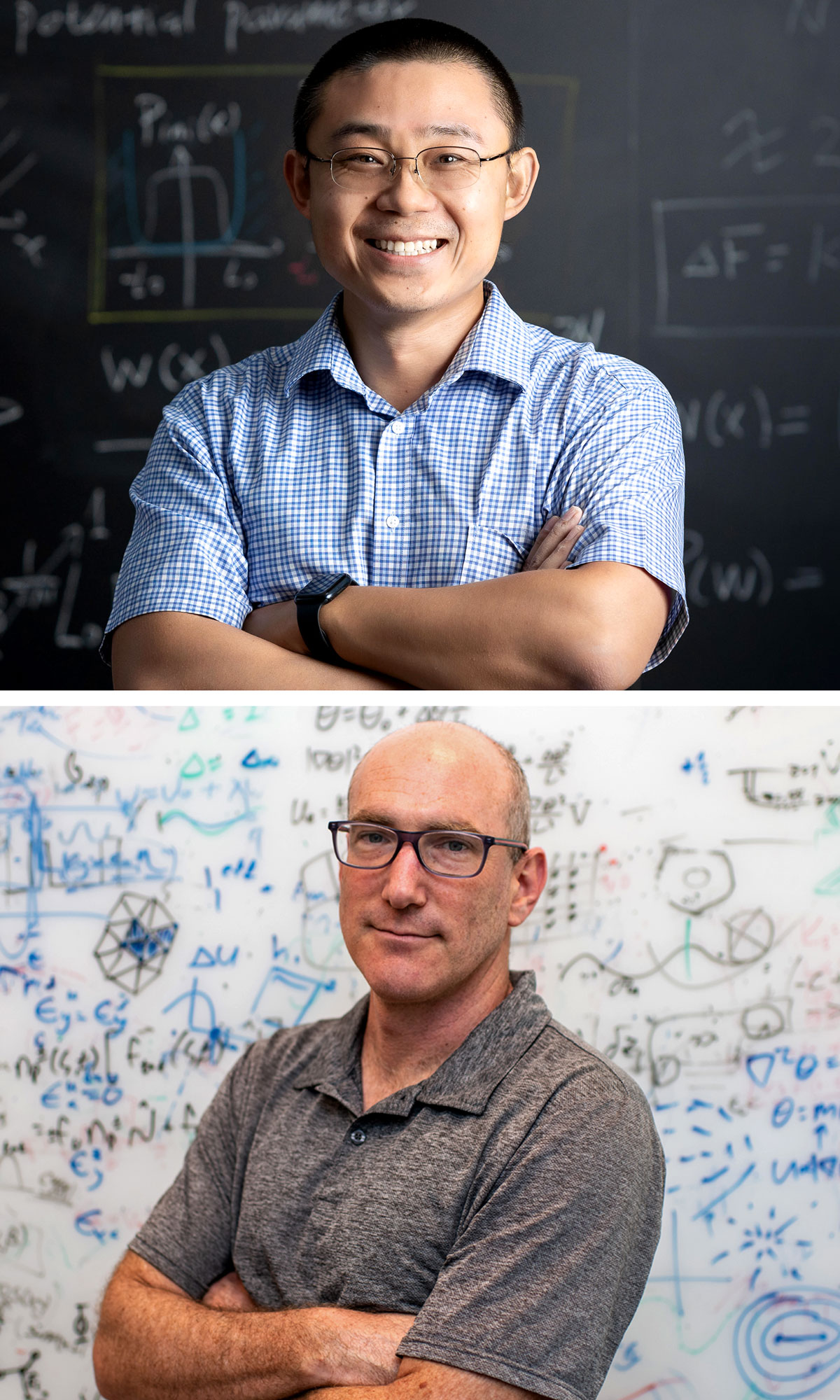 A pair of portraits of men looking at the camera.