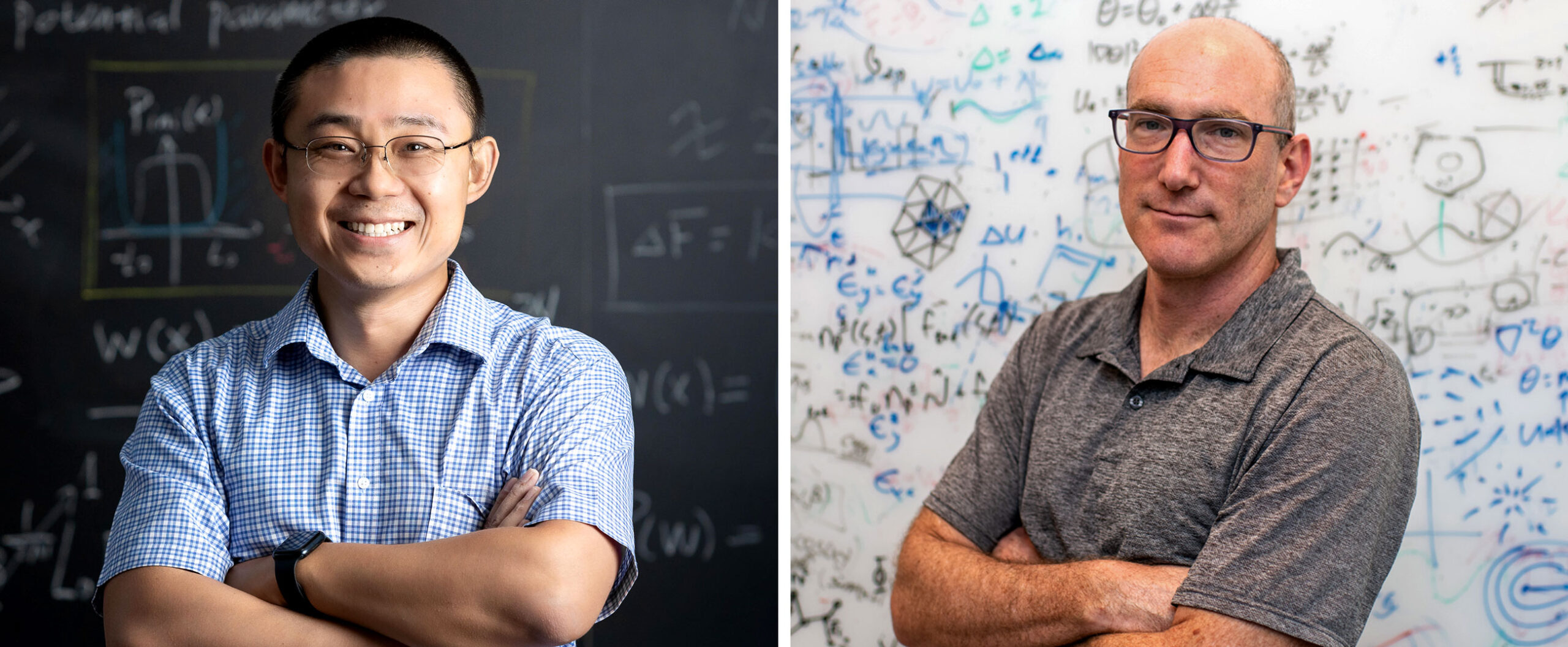 A pair of portraits of men looking at the camera.