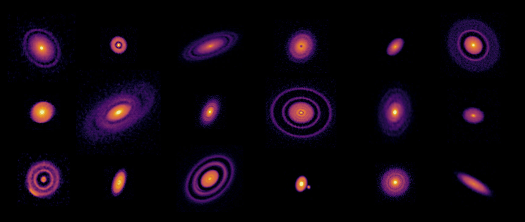 An array of images of protoplanetary disks with bright suns at the centers surrounded by rings, arcs, filaments and spirals.]