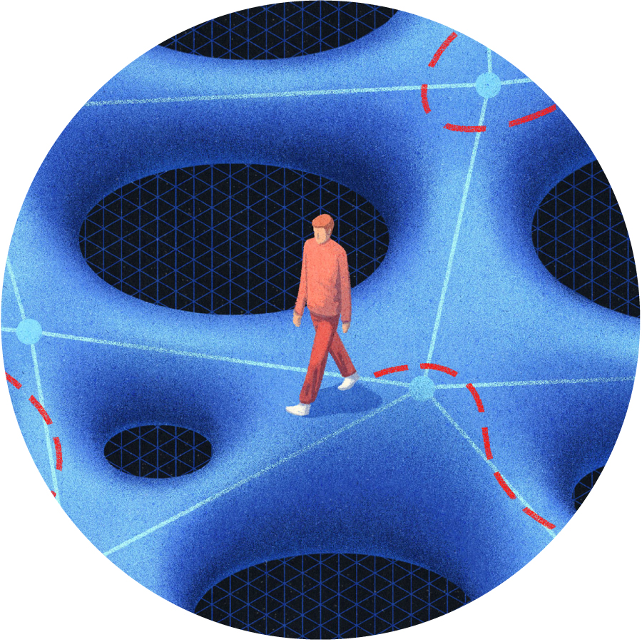 An illustration of a person walking across a surface with many holes.