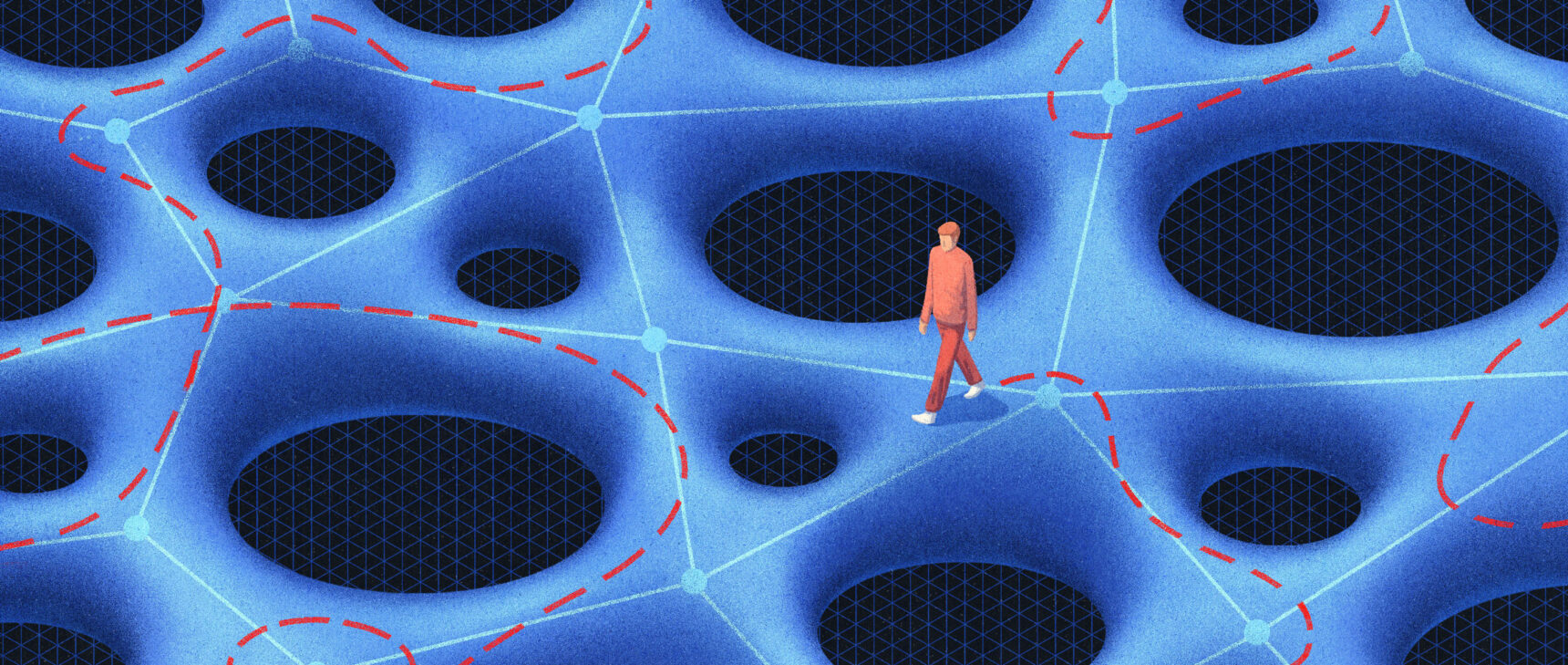 An illustration of a person walking across a surface with many holes.