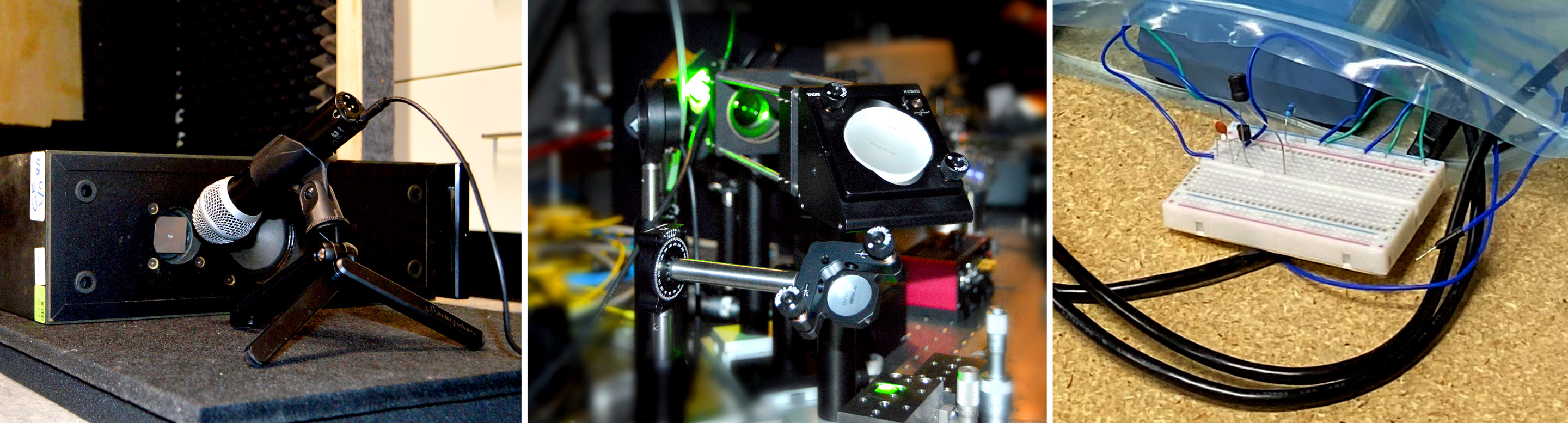 A triptych of photos. In the first, a microphone points at a black box containing a small metal plate. In the second, two hands hold a circuit board. In the last, a green laser illuminates mirrors and other optical components.