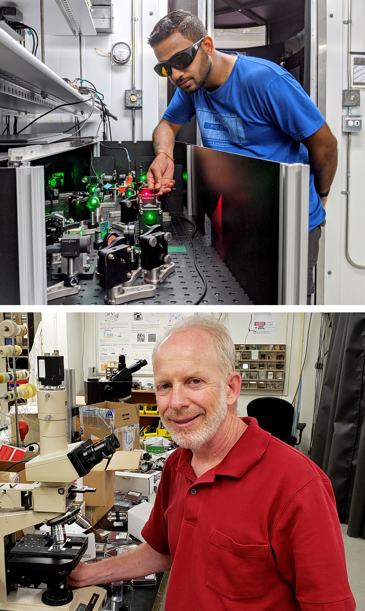 A pair of portraits of men standing next to lab equipment.