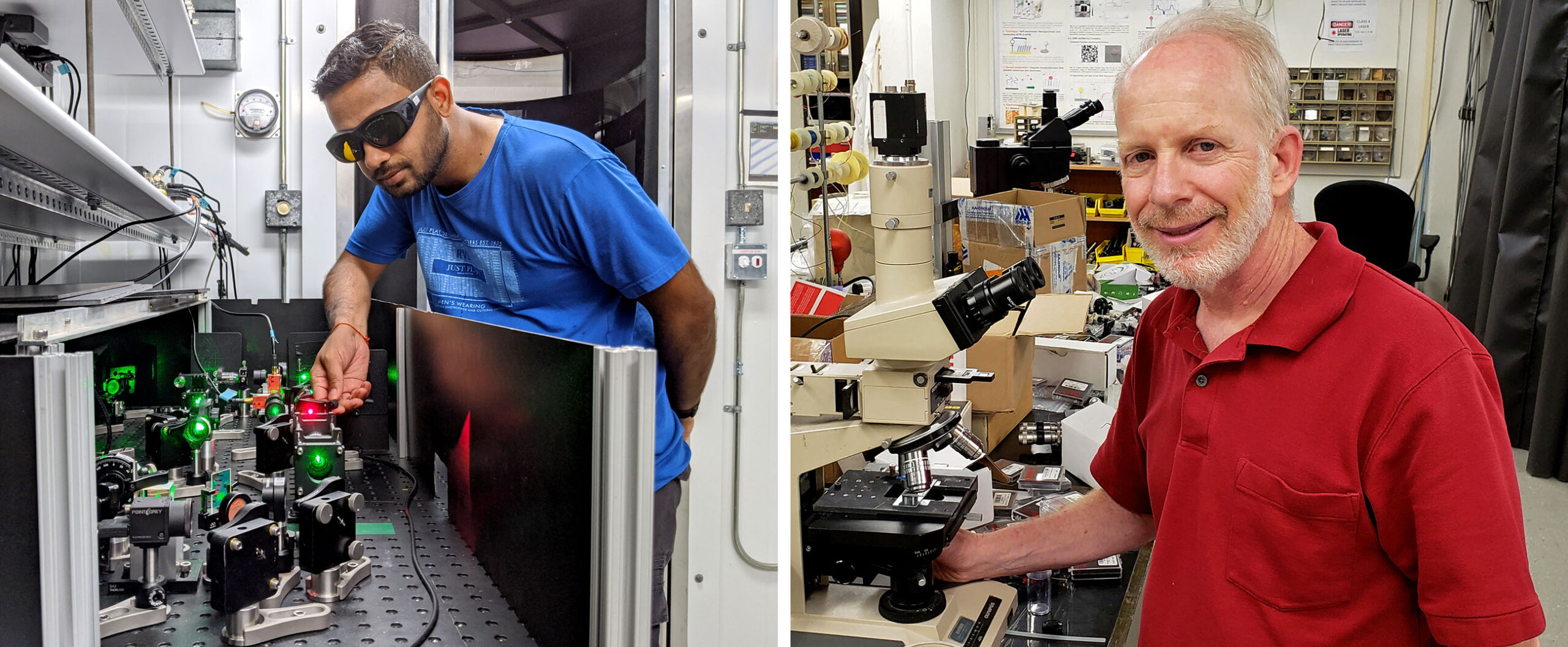 A pair of portraits of men standing next to lab equipment.