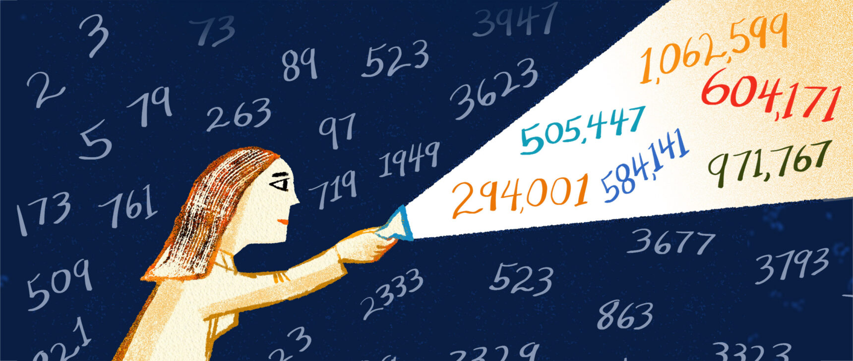 cartoon of a red-headed woman holding a flashlight that illuminates certain numbers against a dark blue background