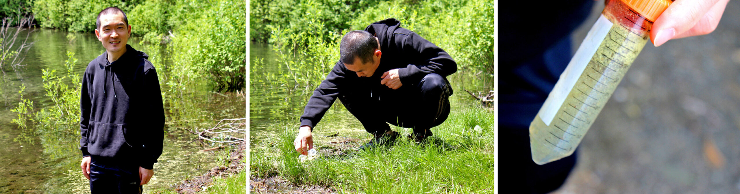 Li in black hoodie and sweatshirt, standing at the edge of Walden Pond.