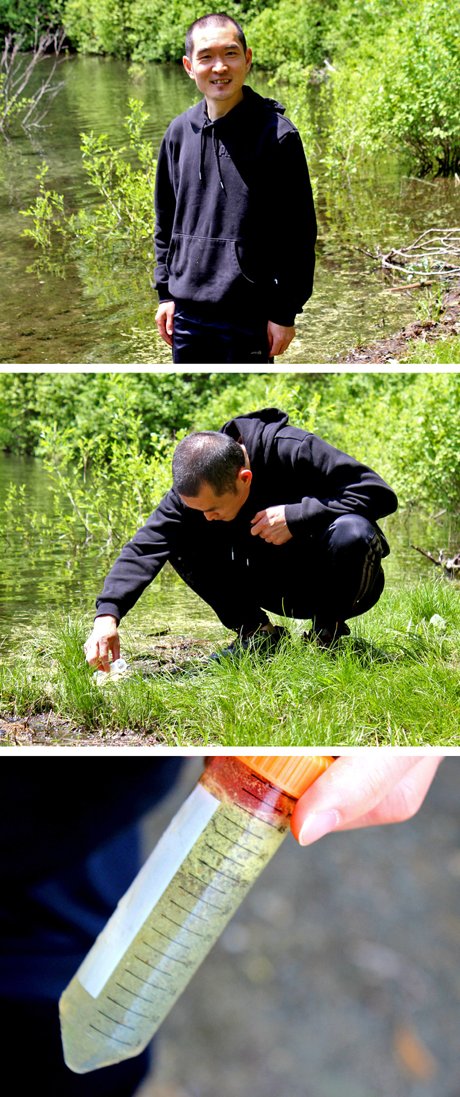 Li in black hoodie and sweatshirt, standing at the edge of Walden Pond.