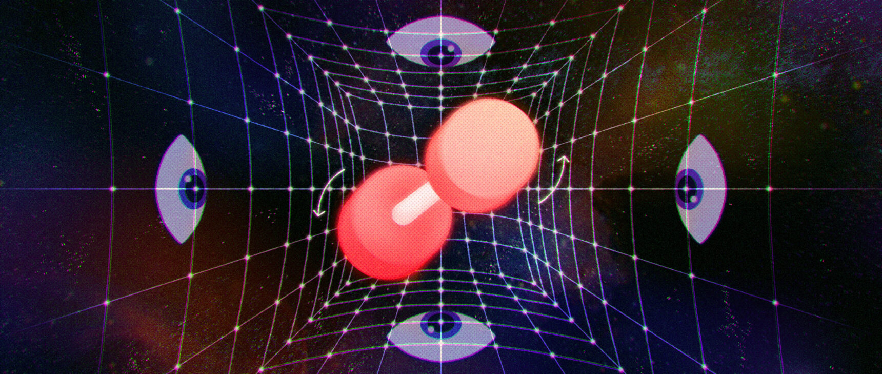 Illustration of a rotating object that warps the space-time fabric around itself, as seen by eyes located in different places