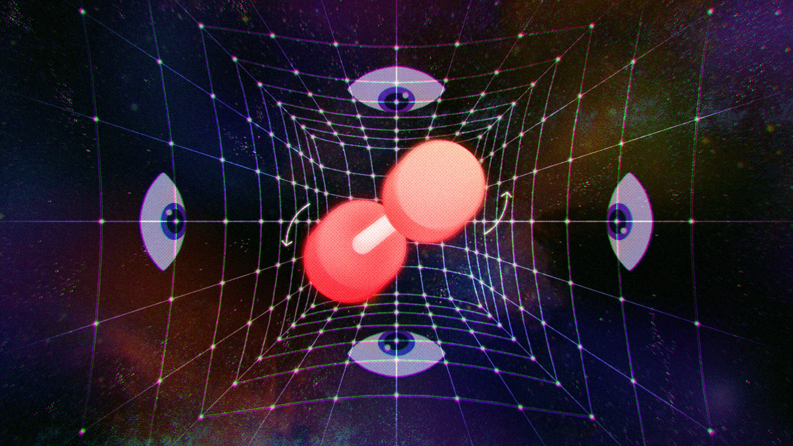 Illustration of a rotating object that warps the space-time fabric around itself, as seen by eyes located in different places