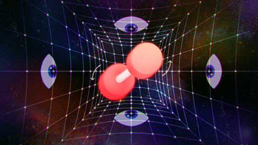 Illustration of a rotating object that warps the space-time fabric around itself, as seen by eyes located in different places