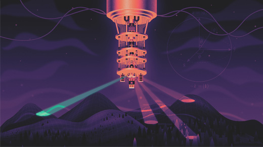 An orange machine casts search lights over a purple landscape.