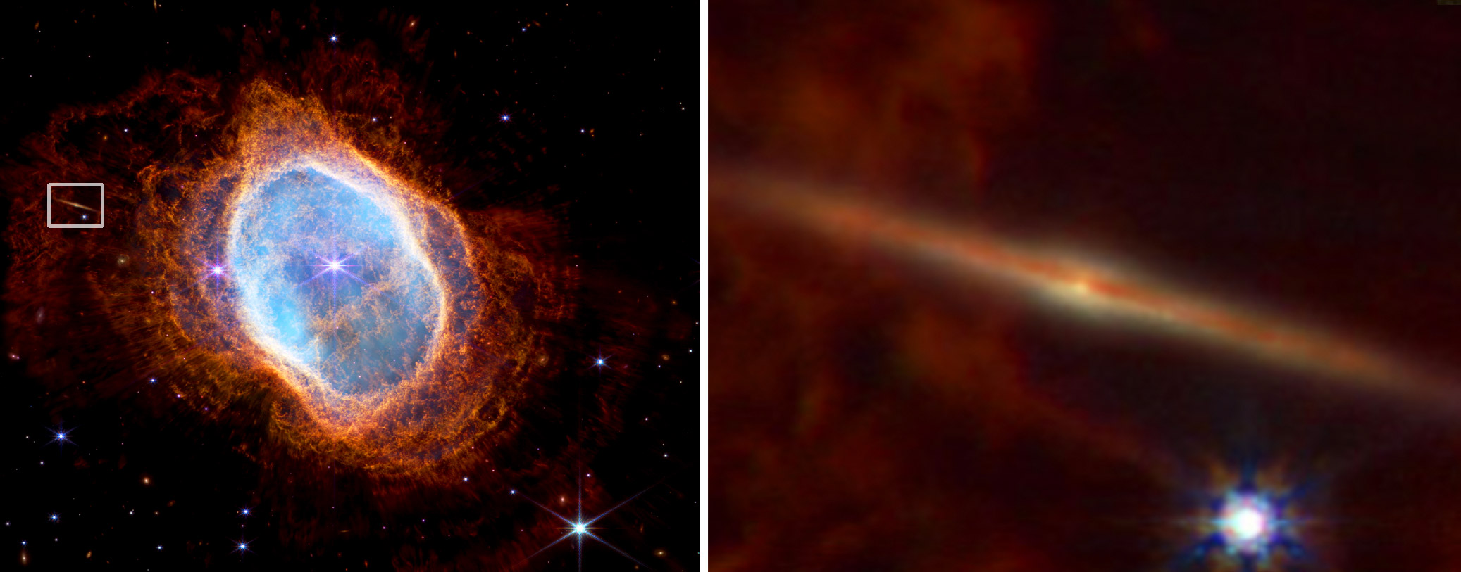 A side-by-side comparison of the galaxy NGC 7496 as seen by Webb and Hubble.]