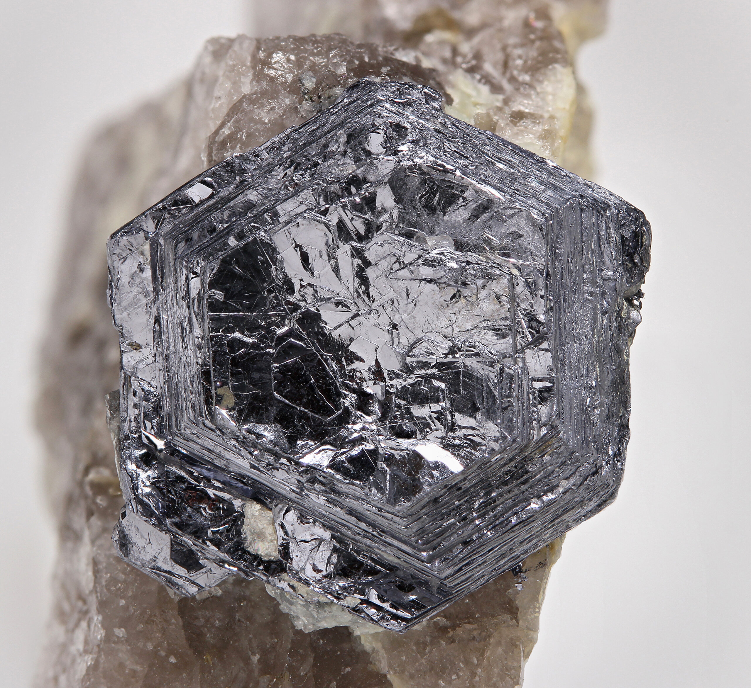 A chunk of lustrous, silvery crystal in the shape of a hexagon is affixed to chunk of quartz.