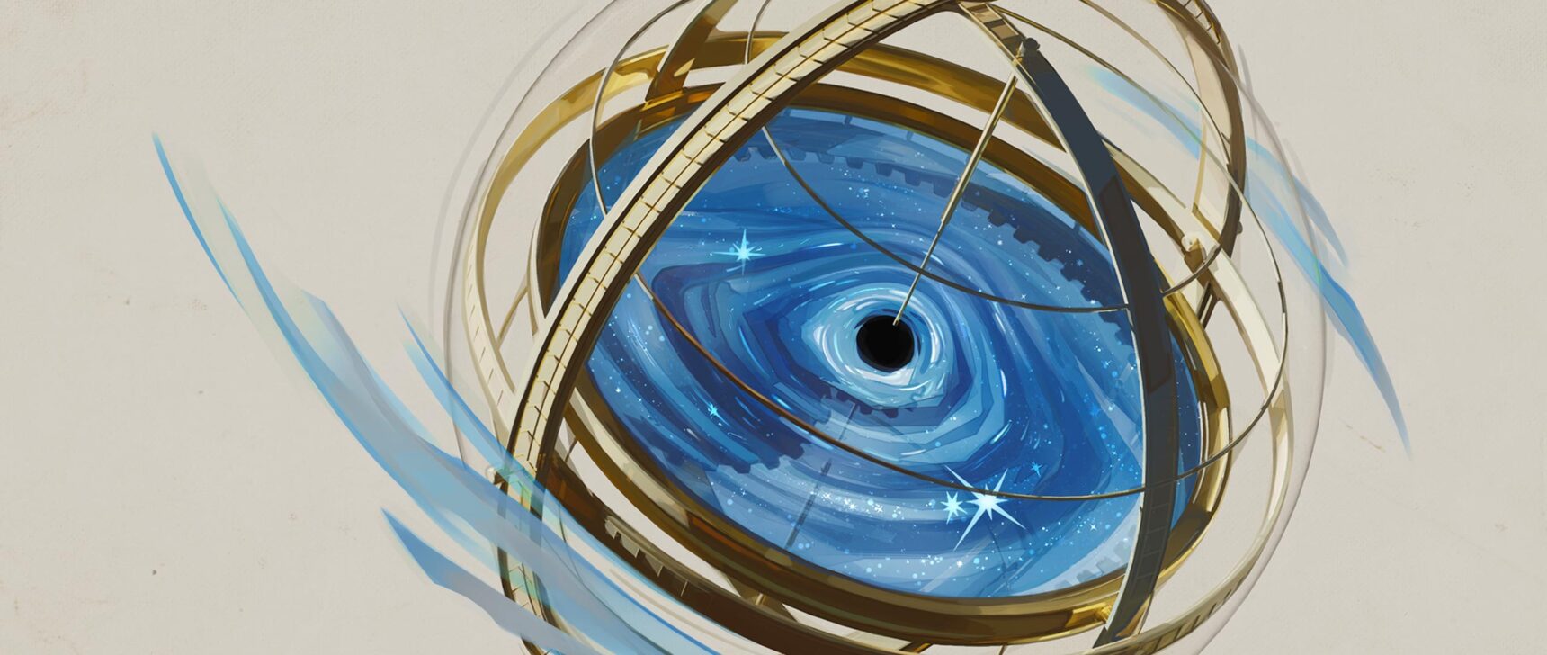 An illustration of a blue swirling galaxy inside an amillary sphere. A black hole appears in the center.